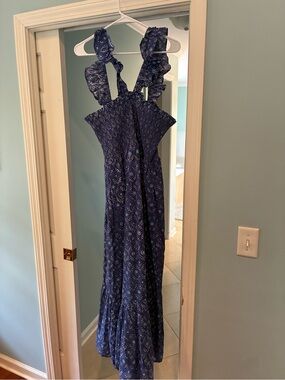 Navy Blue Floral Ruffle-Strap Maxi Dress